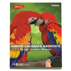 Hartie colorata asortata 5 culori, 80g/mp, 50coli/top, Daco HR850