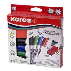 Whiteboard marker 4 buc/set (albastru, negru, rosu, verde) + burete magnetic, varf 3,0 mm, Kores