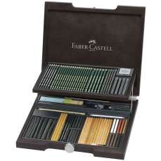 Creioane, carbune si accesorii pentru desen, 95piese/cutie lemn, Pitt Monochrome 2, Faber Castell-FC