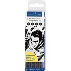 Liner, 4buc/set, negru, varf pensula, Pitt Artist Pen Manga, Faber Castell-FC167132