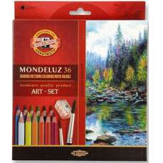 Creioane colorate acuarela, 48culori/set + ascutitoare + 2pensule, Mondeluz Aquarell, Koh-I-Noor