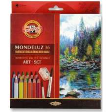 Creioane colorate acuarela, 36culori/set + ascutitoare + 2pensule, Mondeluz Aquarell, Koh-I-Noor K37