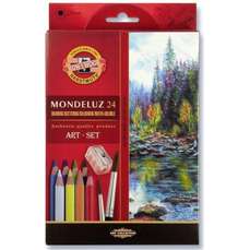 Creioane colorate acuarela, 24culori/set + ascutitoare + 2pensule, Mondeluz Aquarell, Koh-I-Noor