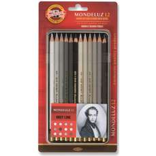 Creioane colorate acuarela, 12culori/set, nuante gri, cutie metal, Mondeluz Aquarell, Koh-I-Noor