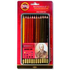 Creioane colorate acuarela, 12culori/set, nuante maro, cutie metal, Mondeluz Aquarell, Koh-I-Noor
