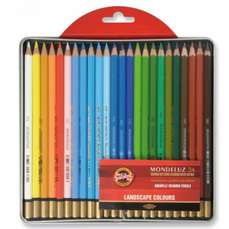 Creioane colorate acuarela, 24culori/set, cutie metal, Peisaj Mondeluz Aquarell, Koh-I-Noor