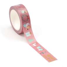 Banda adeziva color 15mm x 10m, roz Merry Christmas, Washi
