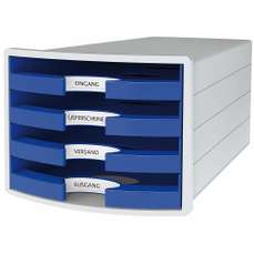 Suport plastic cu 4 sertare pentru documente (open), gri deschis/albastru, Impuls Han