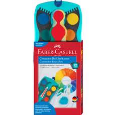 Acuarele pe baza de apa, 12 culori+tub alb+pensula, cutie turcoaz, Connector Faber Castel-FC125003