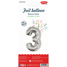 Balon din folie, cifra 3, 40cm, argintiu, Daco