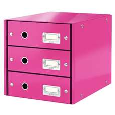 Suport carton laminat cu 3 sertare pentru documente, roz, WOW Click&Store Leitz