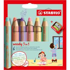 Creioane colorate pastelate 6culori/set si o ascutitoare, Woody 3 in 1 Stabilo