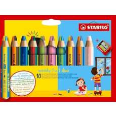 Creioane colorate 10bucati/set si o ascutitoare, Woody 3 in 1 Duo Stabilo