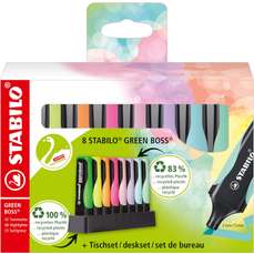 Textmarker 8 culori/set (4 fluorescente + 4 pastel), suport, Boss Green Stabilo