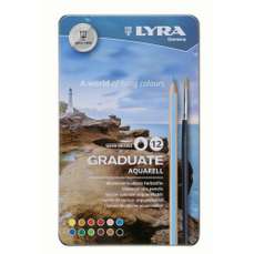 Creioane colorate acuarela, 12culori/set + pensula, cutie metal, Graduate Aquarell Lyra