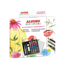 Acuarele pe baza de apa, 36 culori + pensula, burete, creion grafit, radiera, ascutitoare, set hartie, Alpino MS-AQ001036