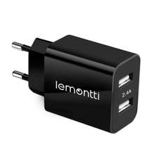 Incarcator retea, 2xUSB, 2.4A, negru, Lemontti