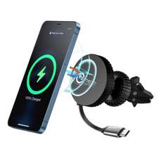 Suport auto cu incarcare wireless, cablu retractabil USB-C, 1m, negru, MagSafe Magnetic Lemontti