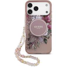 Husa de protectie pentru iPhone 17 Pro Max, roz, Flowers Strap MagSafe, Guess
