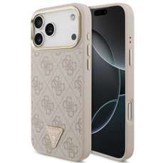Husa de protectie pentru iPhone 17 Pro Max, roz, Leather 4G Triangle Logo Gold Frame MagSafe, Guess