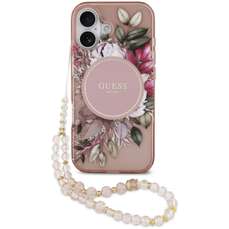 Husa de protectie pentru iPhone 17, roz, Flowers Strap MagSafe, Guess