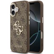 Husa de protectie pentru iPhone 17, maro, PU Leather 4G Metal Logo Gold Frame, Guess