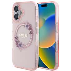 Husa de protectie pentru iPhone 16, roz, Flowers Ring MagSafe, Guess