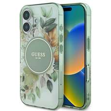 Husa de protectie pentru iPhone 16, verde, Flower & Tonal Circle MagSafe, Guess