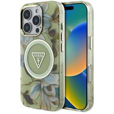 Husa de protectie pentru iPhone 16 Pro Max, verde, Glitter Flowers Triangle Buttons MagSafe, Guess
