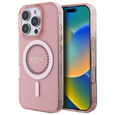 Husa de protectie pentru iPhone 16 Pro Max, roz, Rhinestones Ring MagSafe, Guess