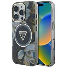 Husa de protectie pentru iPhone 16 Pro Max, negru, Glitter Flowers Triangle Buttons MagSafe, Guess