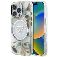 Husa de protectie pentru iPhone 16 Pro Max, alb, Glitter Flowers Triangle Buttons MagSafe, Guess