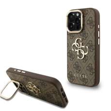 Husa de protectie pentru iPhone 16 Pro Max, maro, 4G Metal Logo Stand Camera Frame, Guess