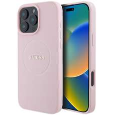 Husa de protectie pentru iPhone 16 Pro Max, roz, Grained Classic Logo MagSafe, Guess