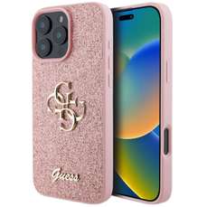 Husa de protectie pentru iPhone 16 Pro Max, roz, Fixed Glitter 4G Metal Logo, Guess GUHCP16XHG4SGP