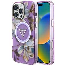 Husa de protectie pentru iPhone 16 Pro, mov, Glitter Flowers Triangle Buttons MagSafe, Guess