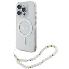 Husa de protectie pentru iPhone 16 Pro, transparent, Glitter MagSafe Beads Strap, Guess