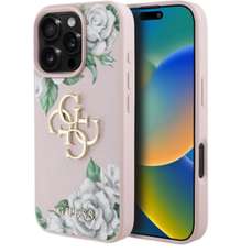 Husa de protectie pentru iPhone 16 Pro, roz, Grained Roses 4G Metal Logo, Guess