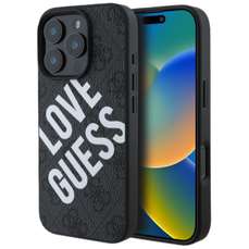 Husa de protectie pentru iPhone 16 Pro, negru, Leather 4G Big Love Logo MagSafe, Guess