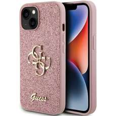 Husa de protectie pentru iPhone 15, roz, Fixed Glitter 4G Metal Logo, Guess