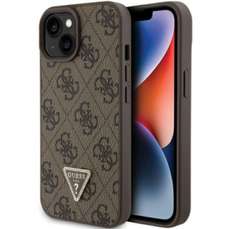 Husa de protectie pentru iPhone 15, maro, PU 4G Strass Triangle Metal Logo, Guess