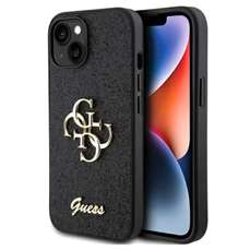 Husa de protectie pentru iPhone 15, negru, Fixed Glitter 4G Metal Logo, Guess