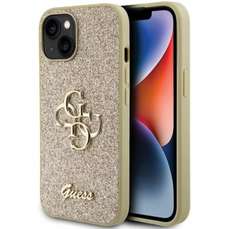 Husa de protectie pentru iPhone 15, auriu, Fixed Glitter 4G Metal Logo, Guess
