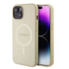 Husa de protectie pentru iPhone 15, bej, Saffiano MagSafe, Guess