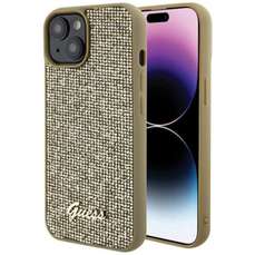 Husa de protectie pentru iPhone 15, auriu, Square Mirror Script Logo, Guess