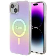 Husa de protectie pentru iPhone 15, roz, Iridescent Script MagSafe, Guess