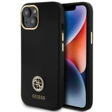 Husa de protectie pentru iPhone 15, negru, Liquid Silicone 4G Strass Metal Logo, Guess