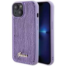 Husa de protectie pentru iPhone 15, mov, Sequin Script Logo, Guess