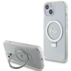 Husa de protectie pentru iPhone 15, transparent, Ring Stand Glitter MagSafe, Guess