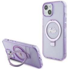 Husa de protectie pentru iPhone 15, mov, Ring Stand Glitter MagSafe, Guess